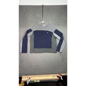 Lacoste Sweater Mens Large Blue Gray Striped Patchwork Logo Crewneck Pullover